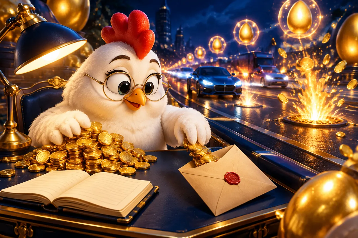 Belasting op Chicken Road winst: de kip verdeelt munten over een stapel en een envelop