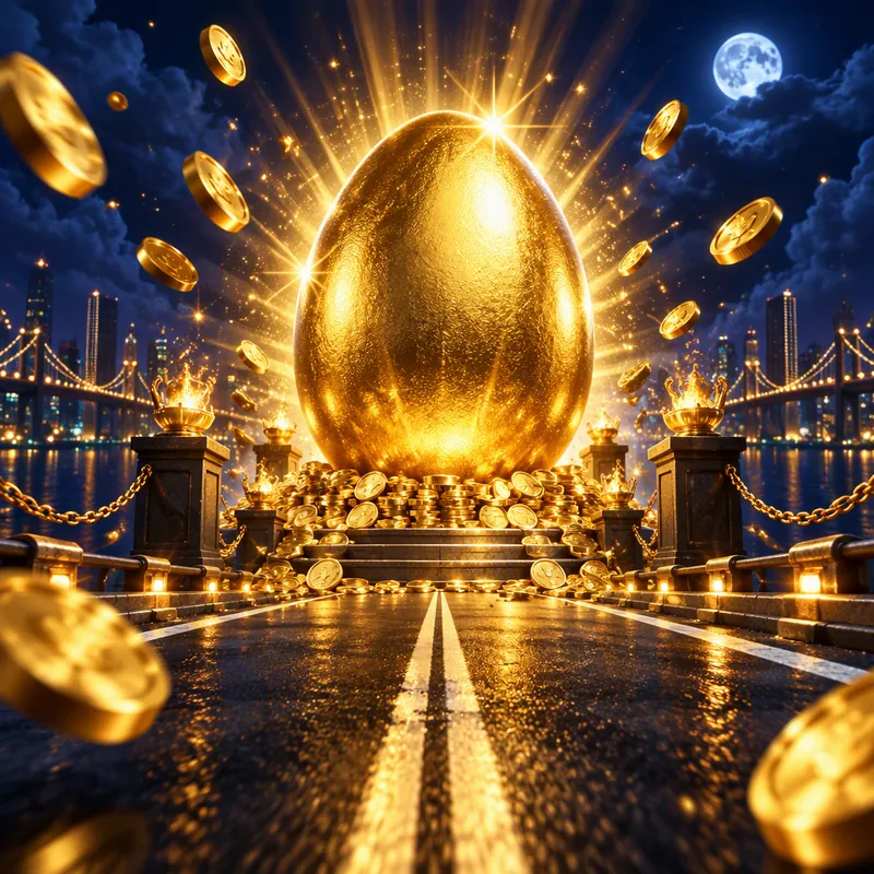 Illustratie: een stralend gouden ei op een stapel munten aan het eind van de baan